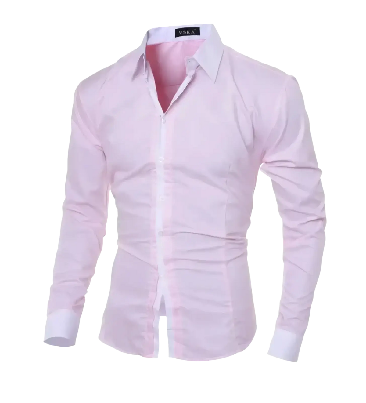 Men slim fit long sleeve casual shirt in soft pink with crisp white collar and cuffs for formal and casual wear