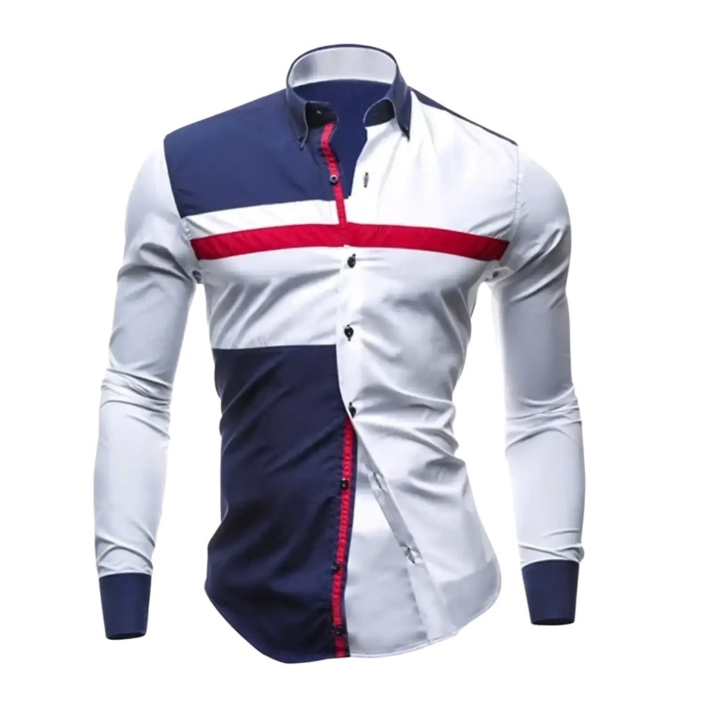 Men slim fit long sleeve casual patchwork shirt with bold white navy blue and red color blocks and black buttons