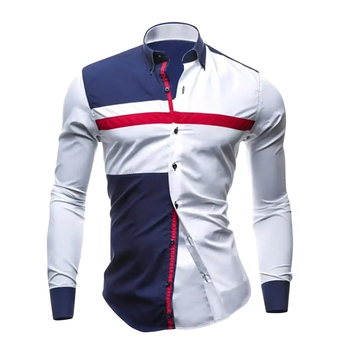 Men slim fit long sleeve casual patchwork shirt with bold white navy blue and red color blocks and black buttons