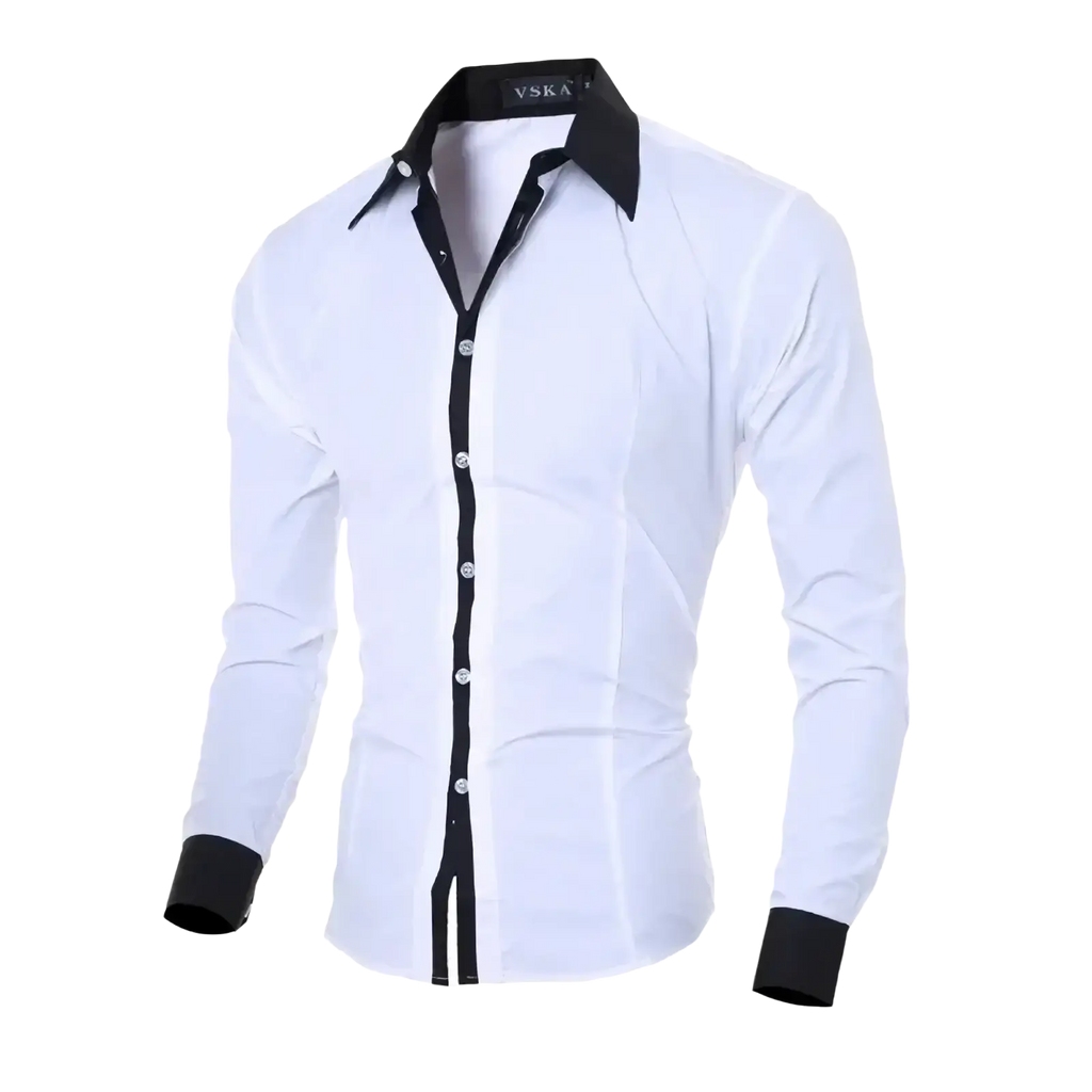 Men slim fit long sleeve casual white dress shirt with black contrast collar, cuffs, and button placket patchwork design