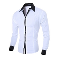 Men slim fit long sleeve casual white dress shirt with black contrast collar, cuffs, and button placket patchwork design