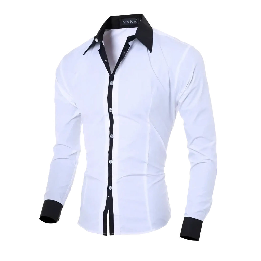 Men slim fit long sleeve casual patchwork shirt in white with black contrast collar cuffs and button placket