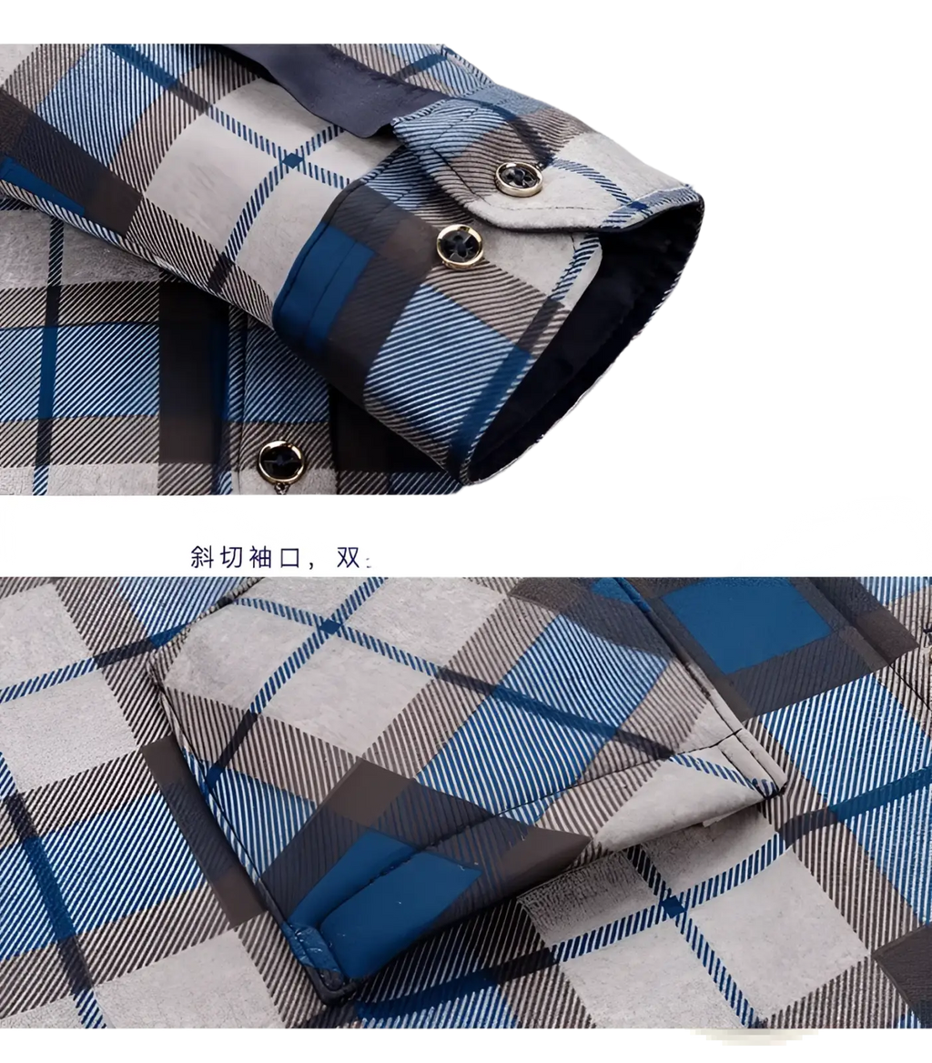 Men slim fit long sleeve casual shirt in blue gray and black plaid flannel with double button cuff design