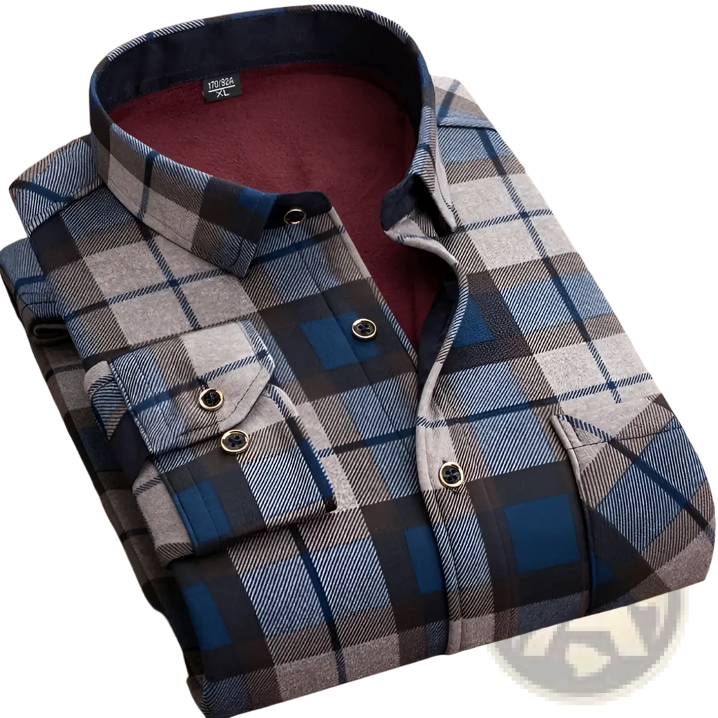 Men slim fit long sleeve casual shirt in blue gray and black plaid flannel with a fleece-lined collar