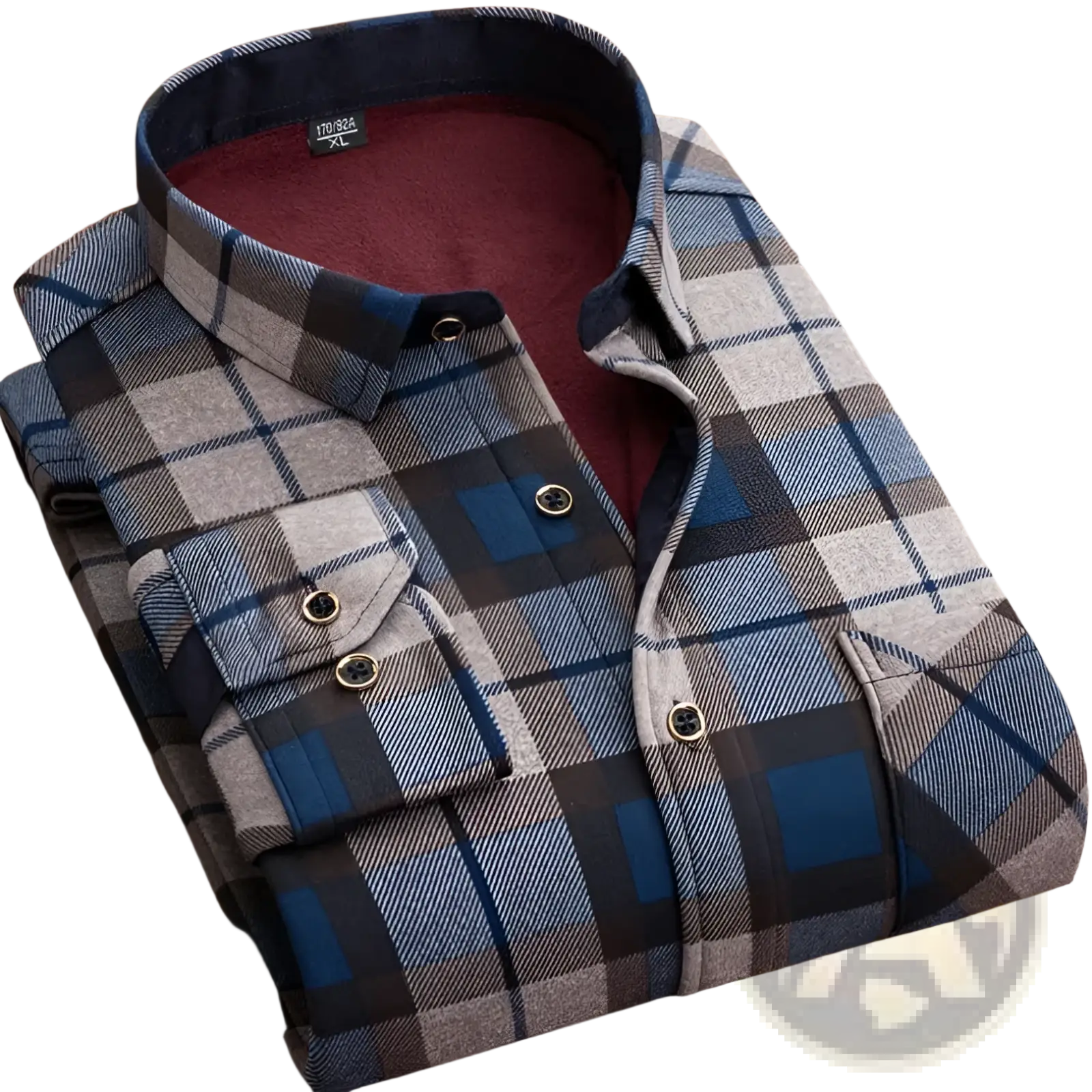 Men slim fit long sleeve casual shirt in blue gray and black plaid flannel with a fleece-lined collar