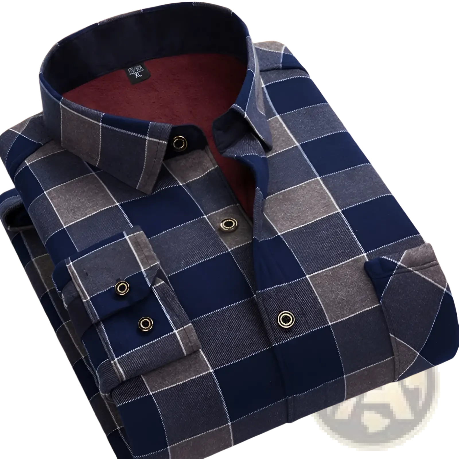 Men slim fit long sleeve casual shirt in blue and gray plaid flannel with warm fleece-lined collar