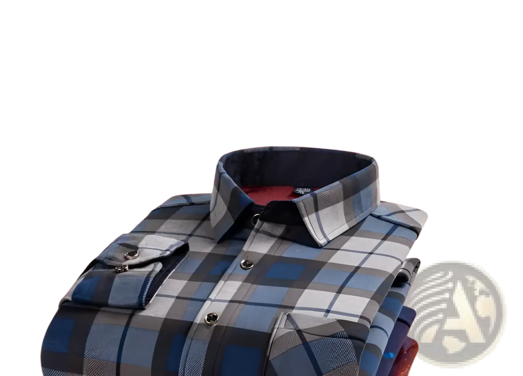 Men slim fit long sleeve casual shirt in blue and gray plaid thermal fabric with a dark blue collar