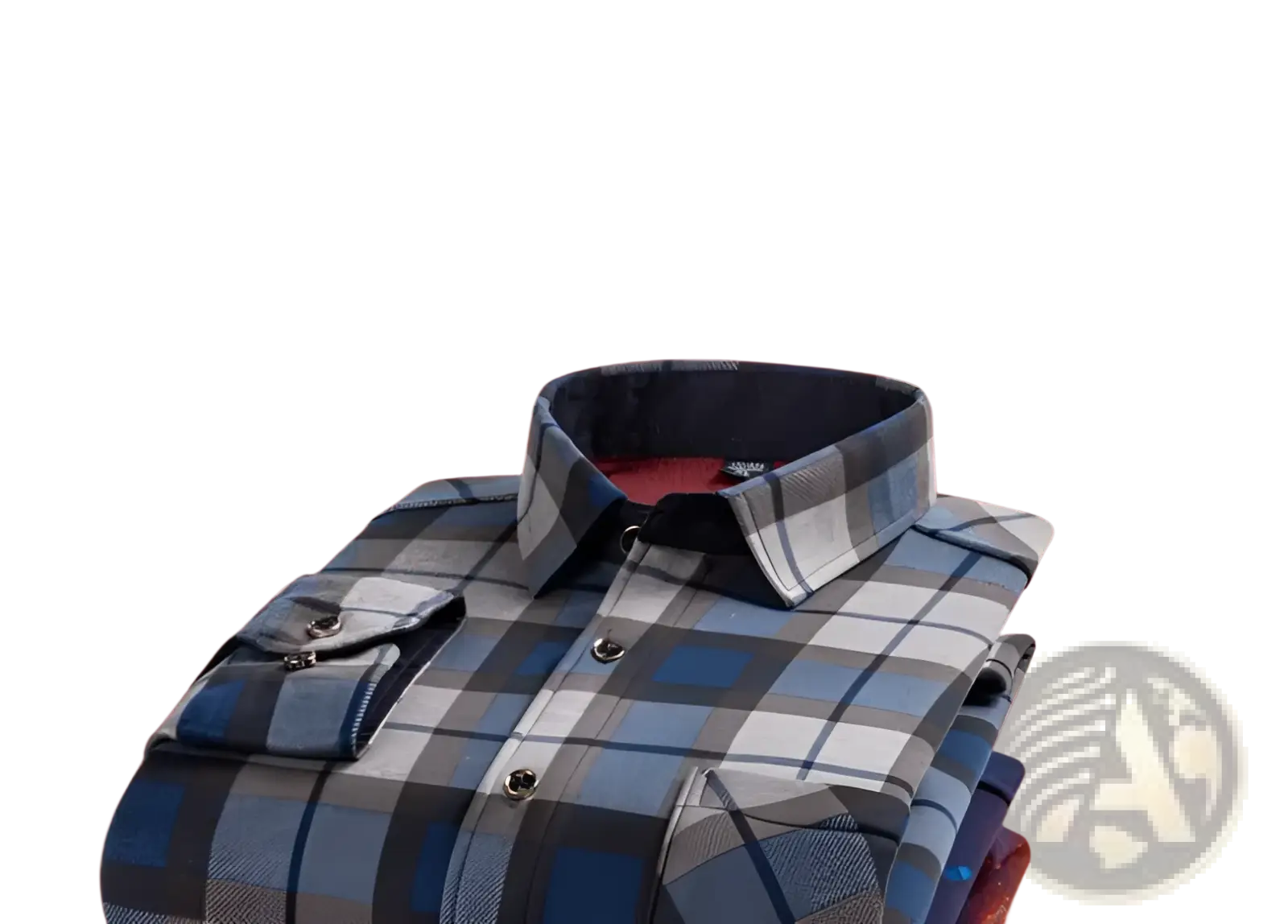Men slim fit long sleeve casual shirt in blue and gray plaid thermal fabric with a dark blue collar