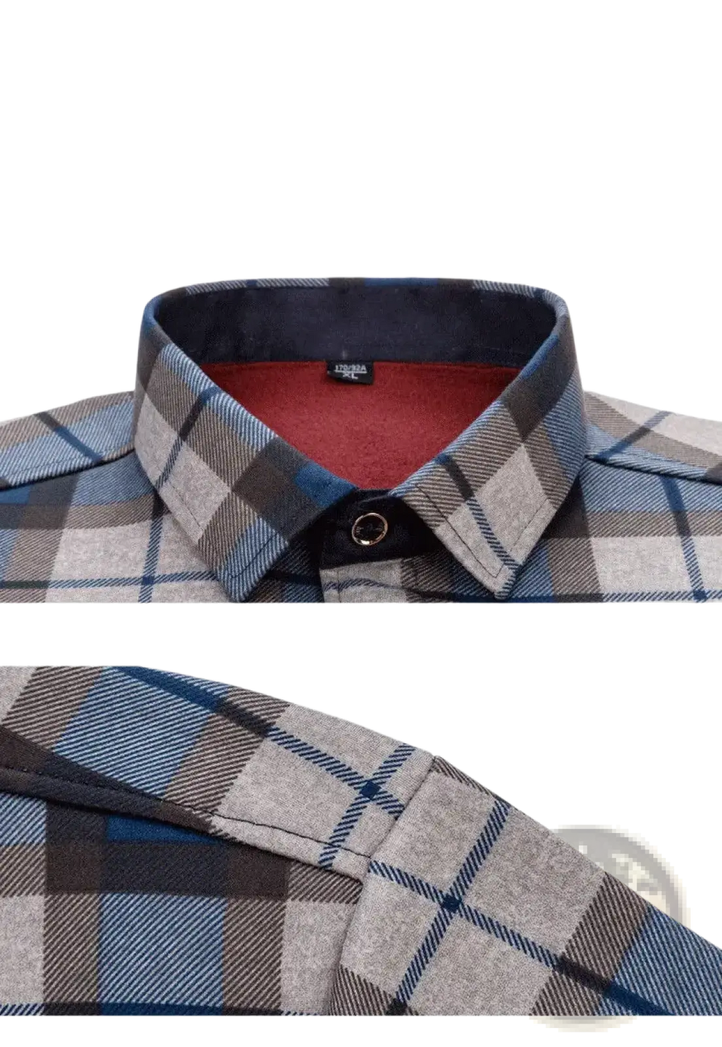 Men slim fit long sleeve casual shirt in blue gray and white plaid flannel with red fleece lining for warmth