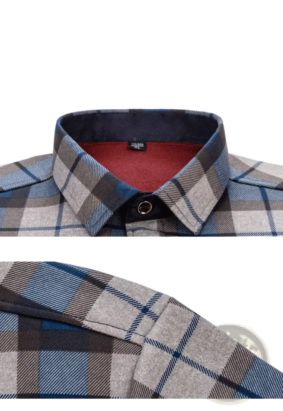 Men slim fit long sleeve casual shirt in blue gray and white plaid flannel with red fleece lining for warmth