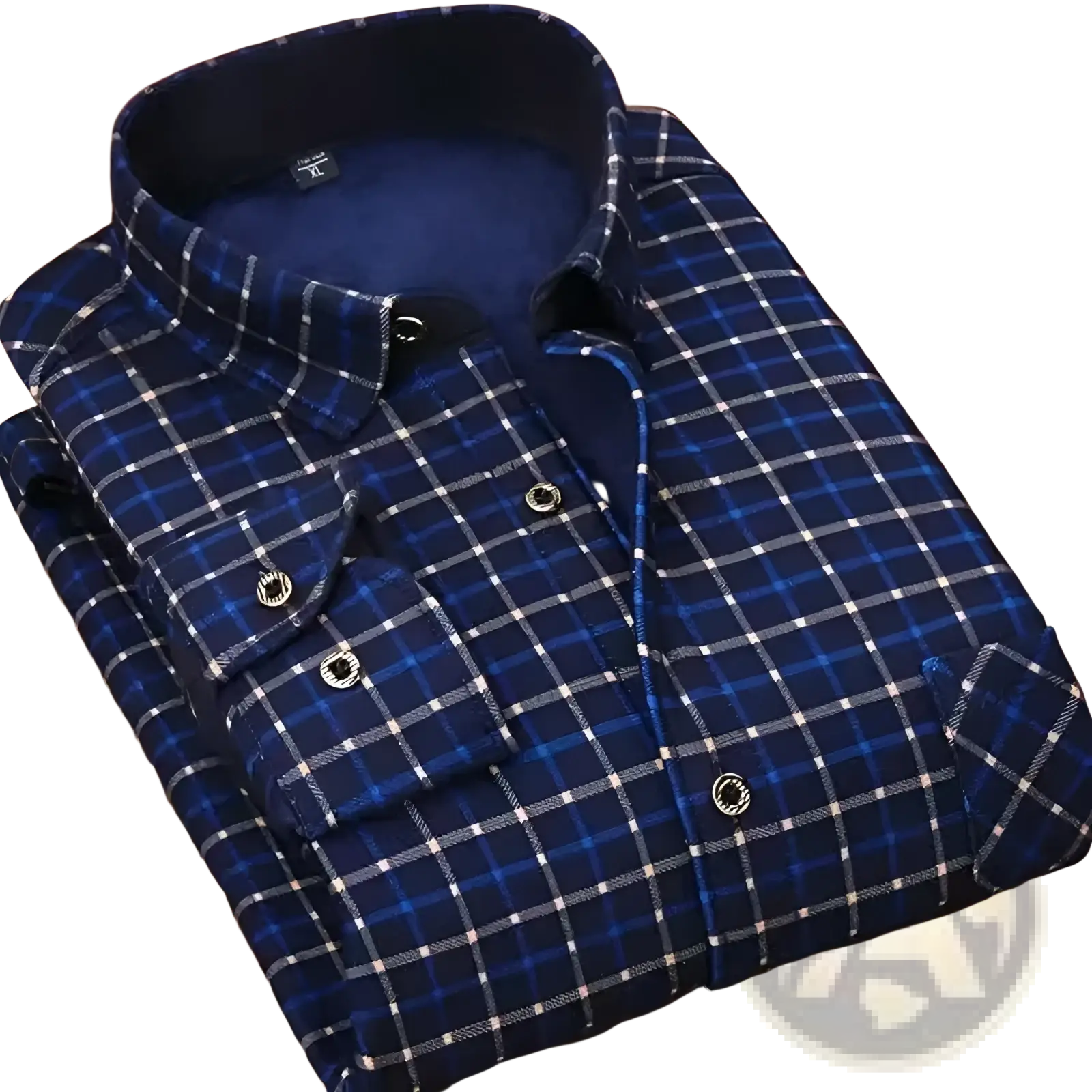 Men slim fit long sleeve casual shirt in blue and white plaid with navy inner lining for stylish comfort