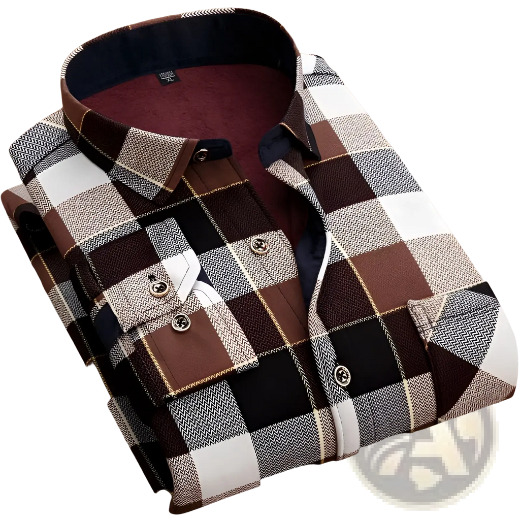 Men slim fit long sleeve casual shirt in brown black and white plaid with herringbone inner lining
