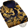 Men slim fit long sleeve casual shirt in navy blue with intricate golden dragon and cloud pattern across fabric