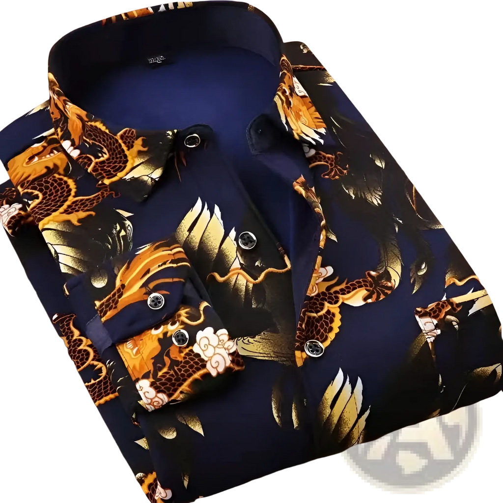 Men slim fit long sleeve casual shirt in dark blue with vibrant golden and black dragon pattern and white cloud accents