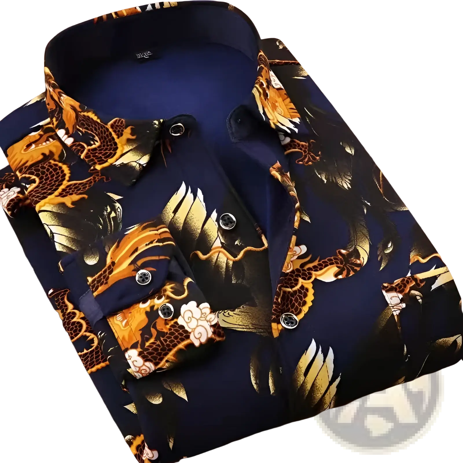 Men slim fit long sleeve casual shirt in dark blue with vibrant golden and black dragon pattern and white cloud accents