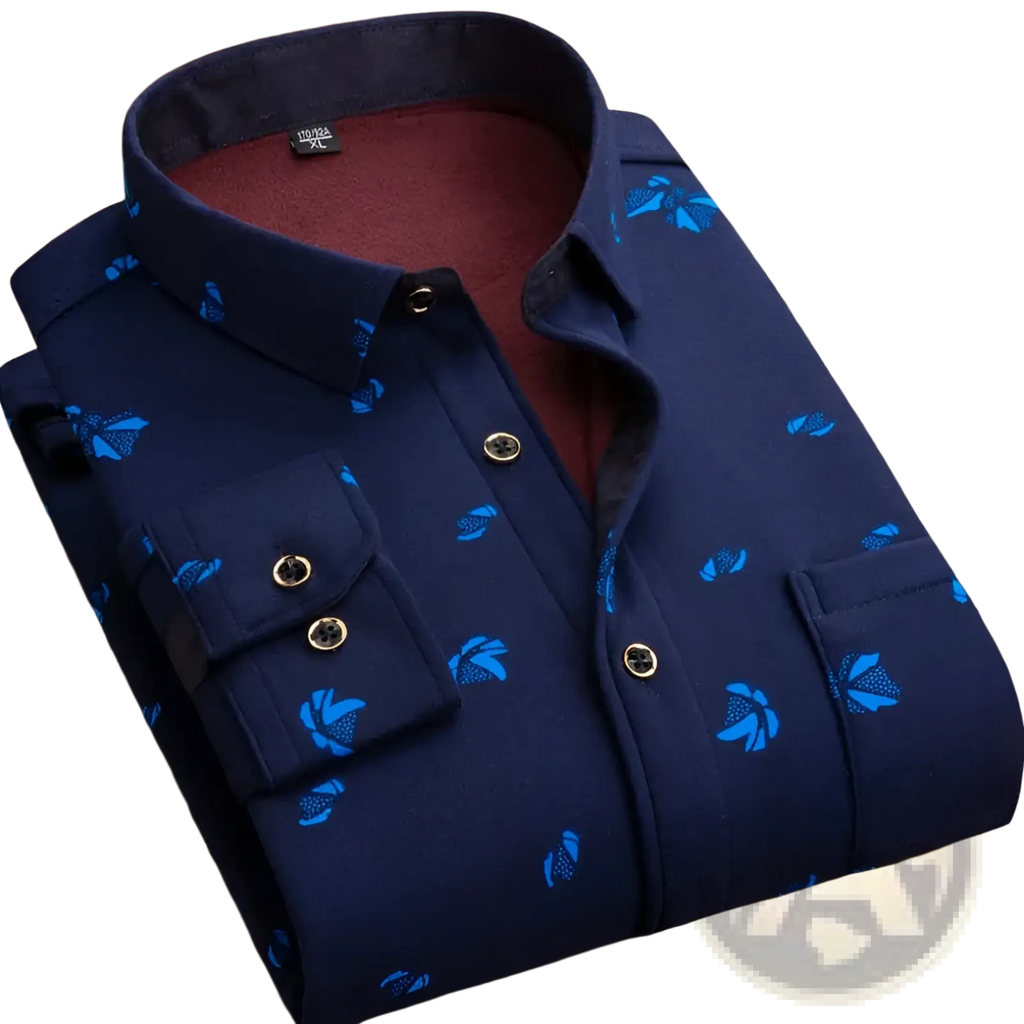 Men slim fit long sleeve casual shirt in dark blue with light blue floral pattern and gold toned buttons