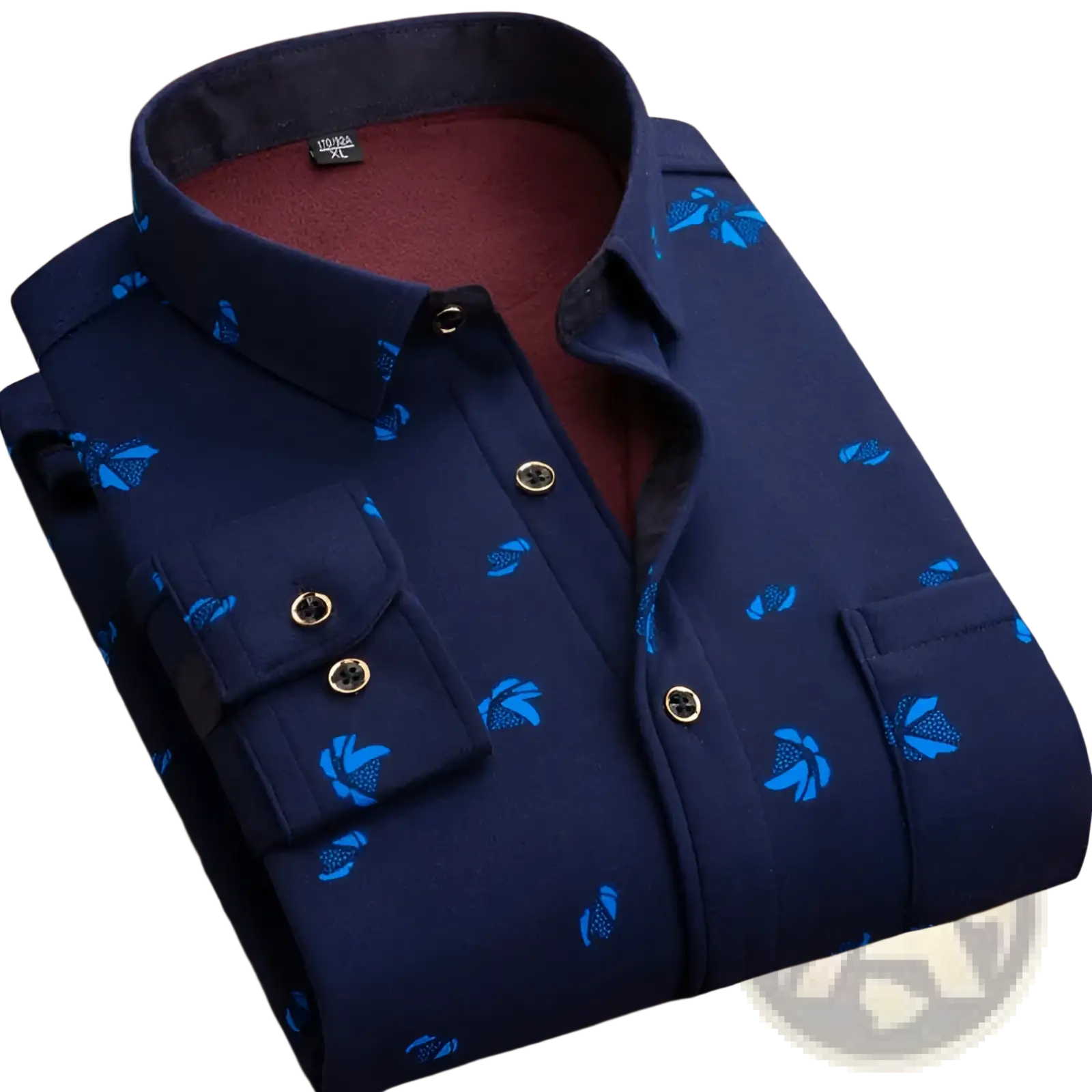 Men slim fit long sleeve casual shirt in dark blue with light blue floral pattern and gold toned buttons
