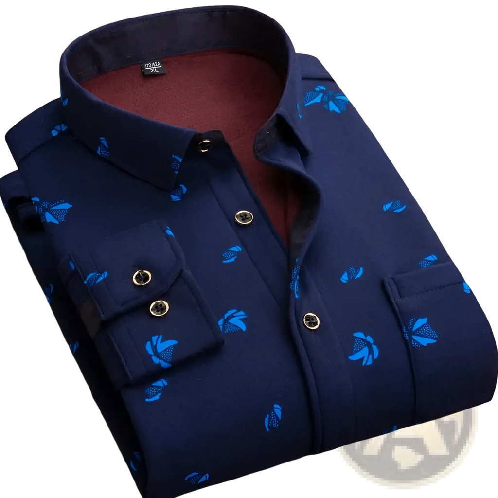 Men slim fit long sleeve casual shirt in dark blue with light blue floral pattern gold buttons and brown collar lining