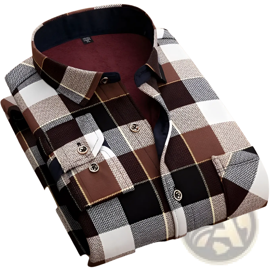 Men slim fit long sleeve casual shirt in brown black white and gray herringbone plaid flannel fabric