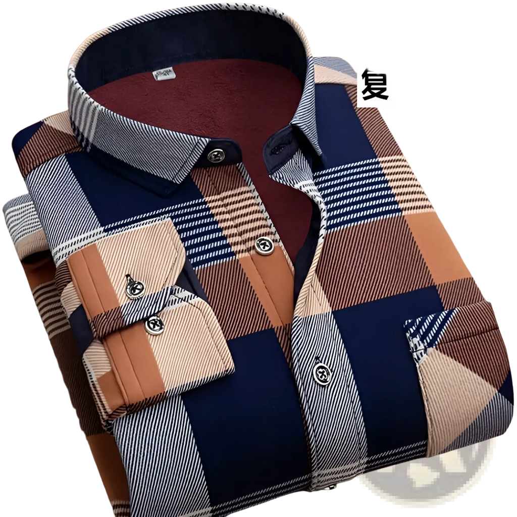 Men slim fit long sleeve casual shirt in navy blue beige and gray plaid with button down collar and pocket flaps