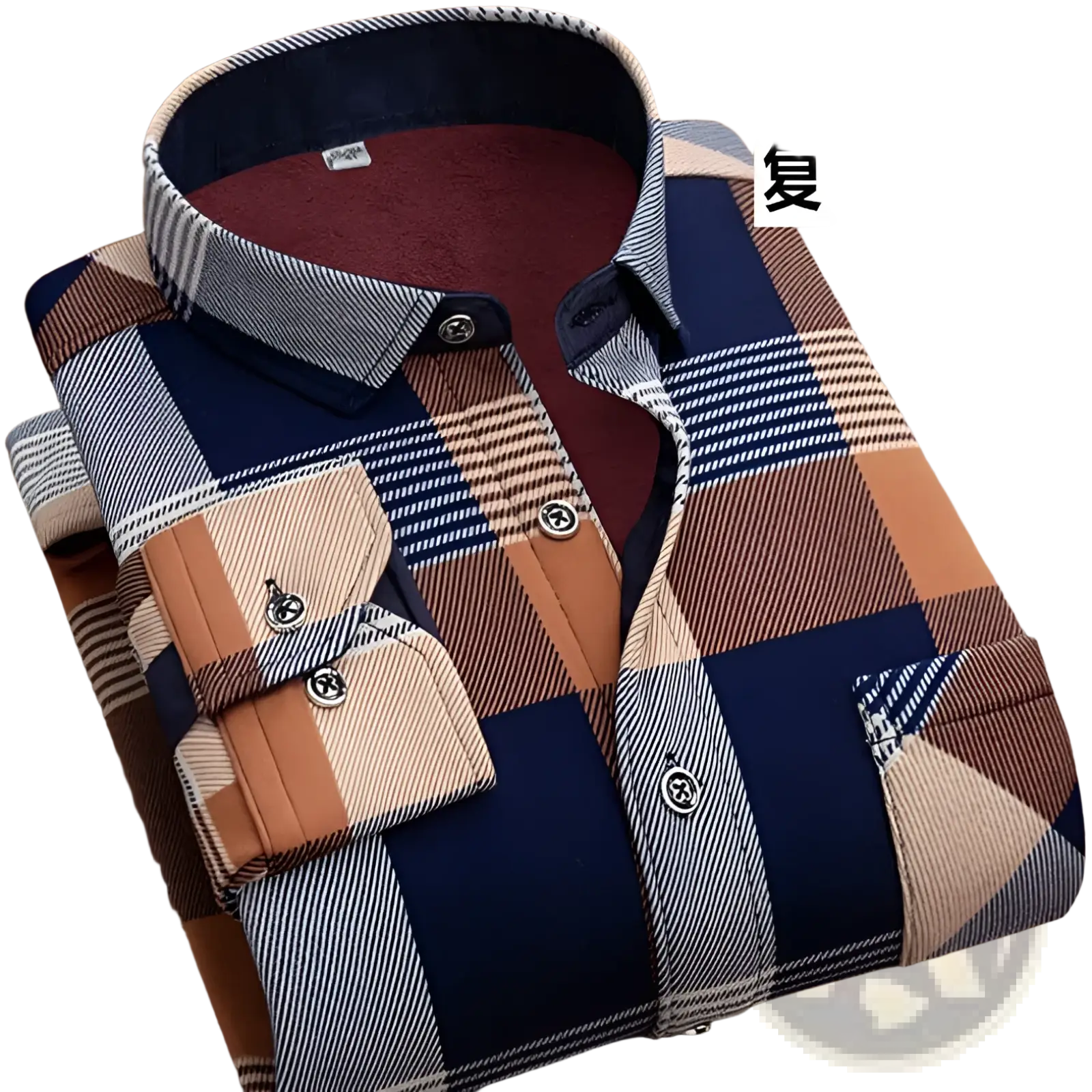Men slim fit long sleeve casual shirt in navy blue beige and gray plaid with button down collar and pocket flaps
