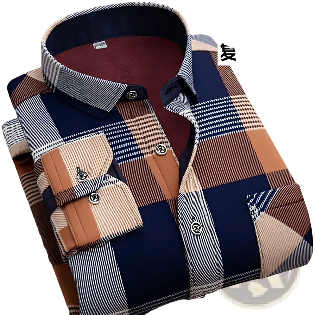 Men slim fit long sleeve casual shirt in navy blue beige and gray plaid with striped collar and buttoned cuffs