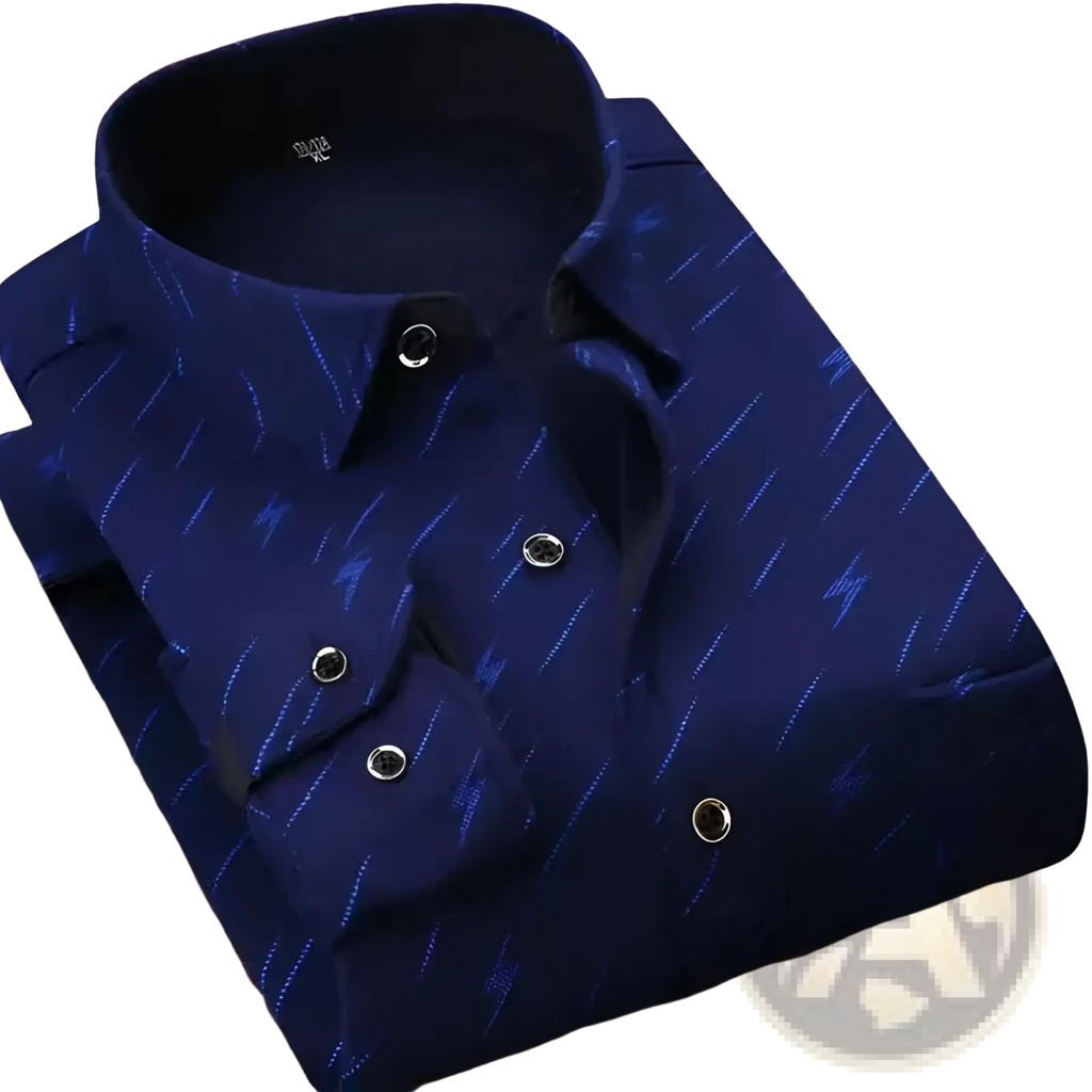 Men slim fit long sleeve casual shirt in navy blue with light blue lightning bolt pattern and black buttons
