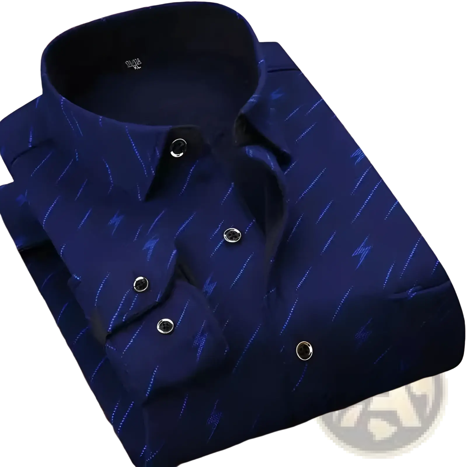 Men slim fit long sleeve casual shirt in navy blue with light blue lightning bolt pattern and black buttons