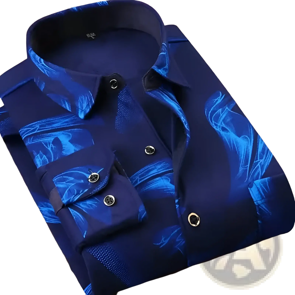 Men slim fit long sleeve casual shirt in navy blue with vibrant abstract leaf pattern in lighter blues and black accents