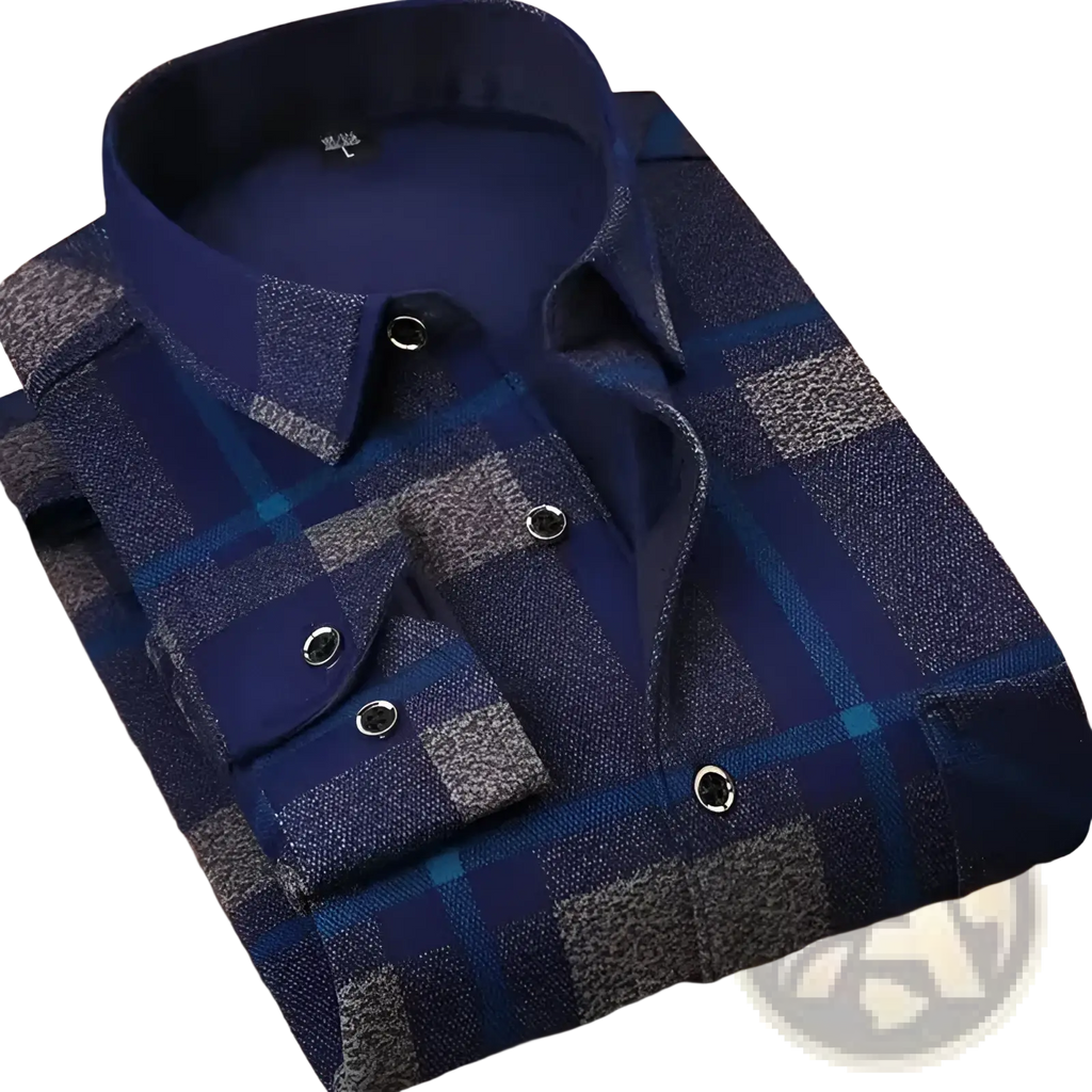 Men slim fit long sleeve casual shirt in navy blue and gray plaid textured fabric with silver toned buttons