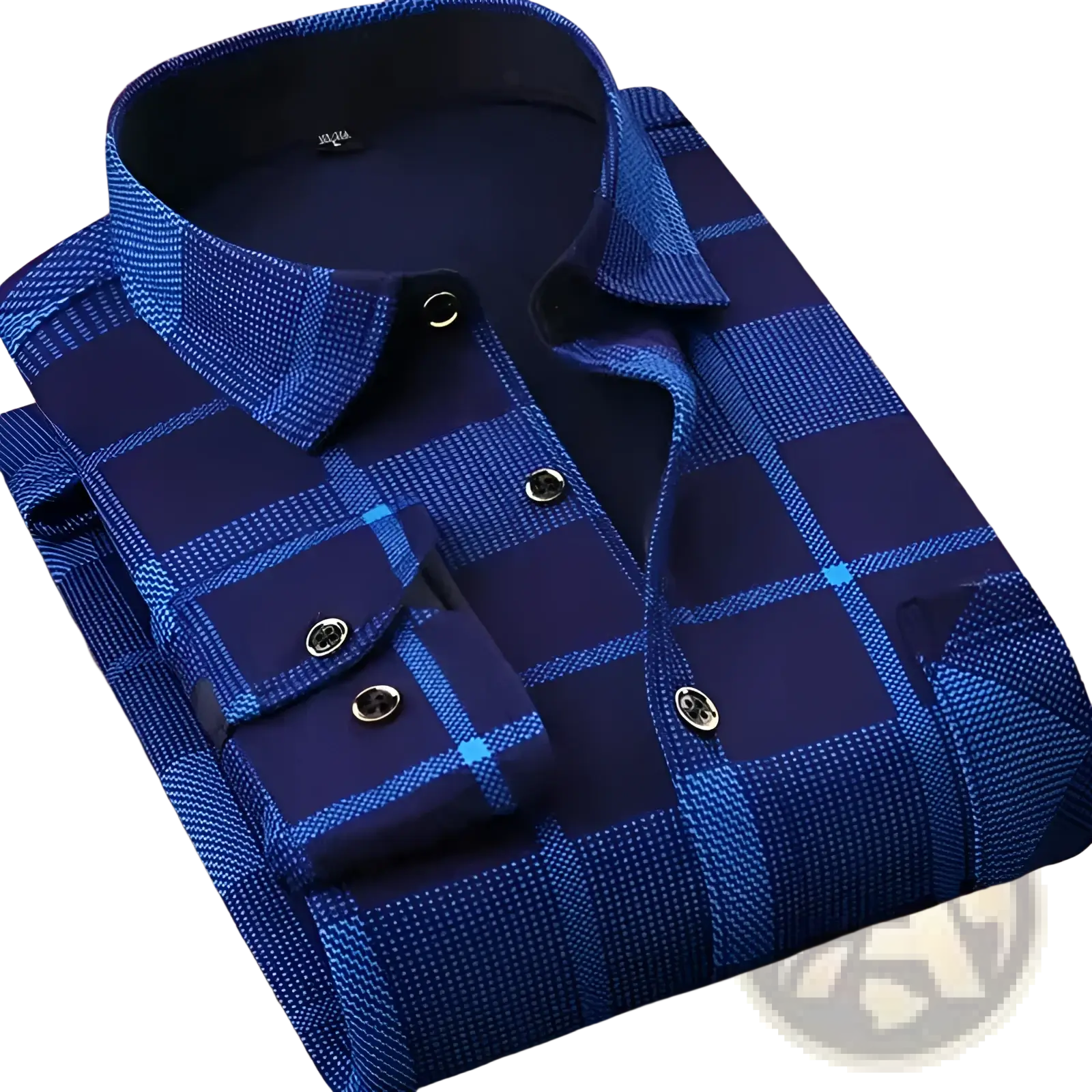 Men slim fit long sleeve casual shirt in navy and light blue plaid with subtle textured weave and dark metallic buttons