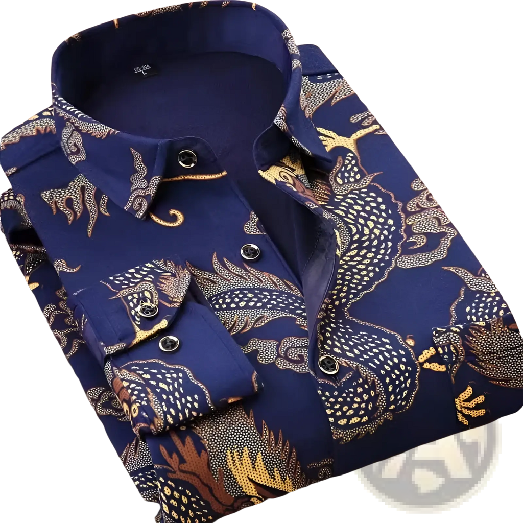 Men slim fit long sleeve casual shirt in navy blue with golden and brown intricate dragon pattern design