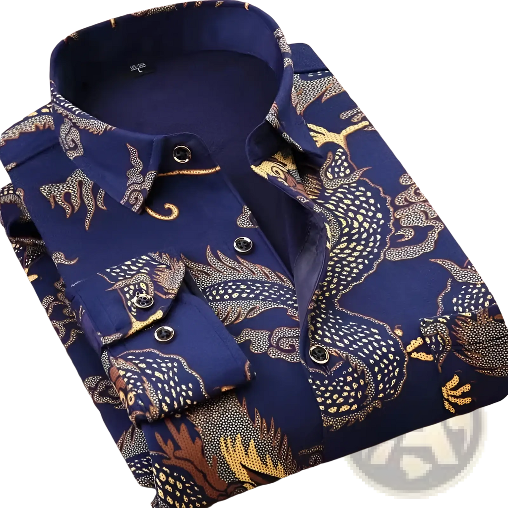 Men slim fit long sleeve casual navy blue shirt with intricate golden dragon and cloud pattern across the fabric