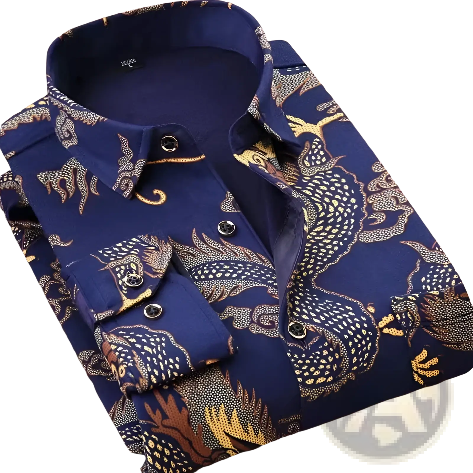 Men slim fit long sleeve casual navy blue shirt with intricate golden dragon and cloud pattern across the fabric
