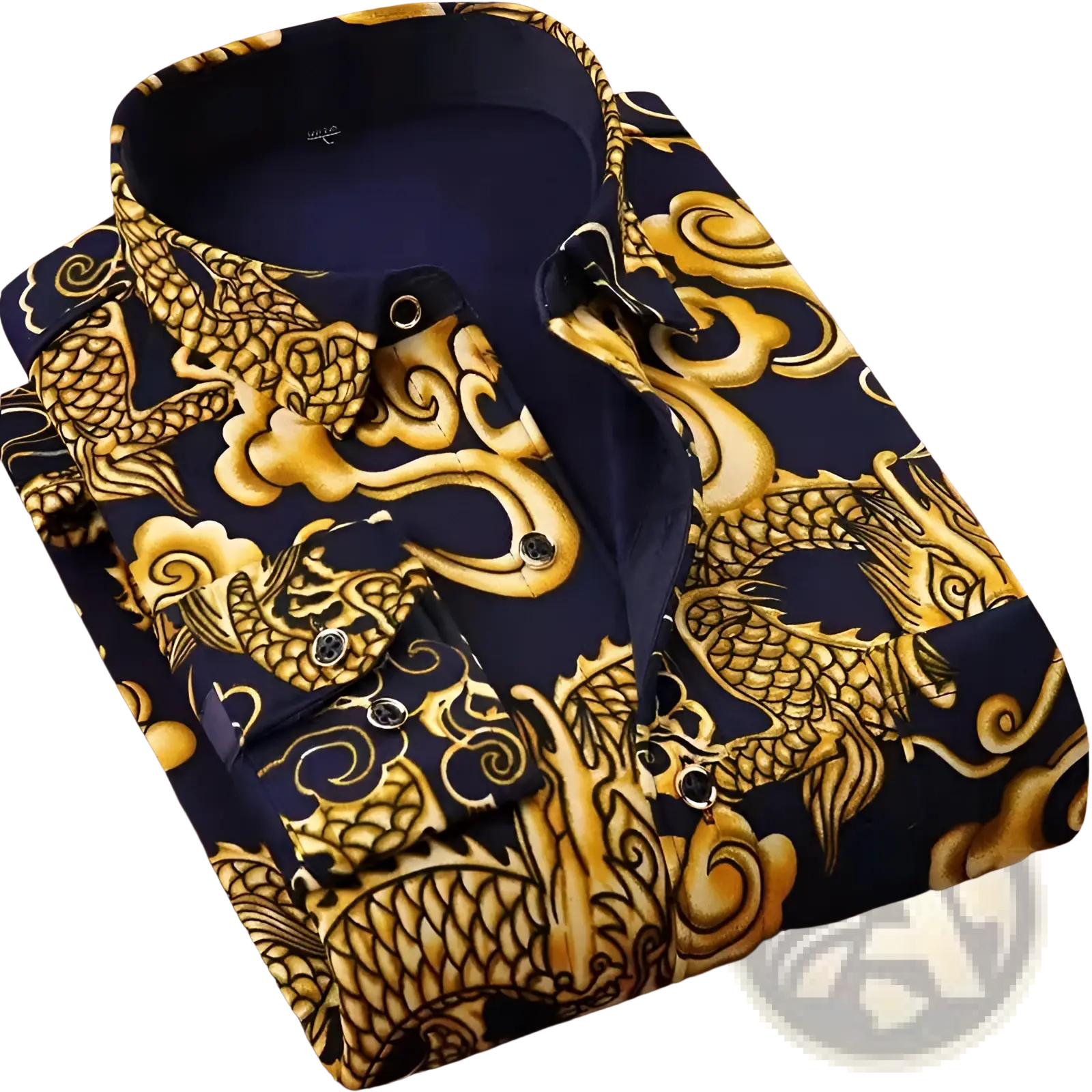 Men slim fit long sleeve casual shirt in navy blue with intricate golden dragon and cloud pattern design