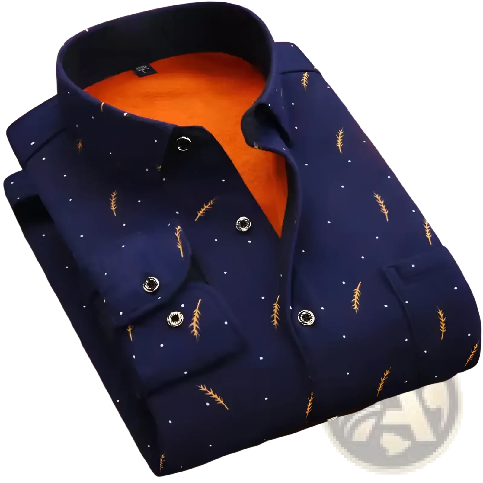 Men slim fit long sleeve casual shirt in navy blue with gold wheat stalk pattern warm orange fleece lining and silver buttons