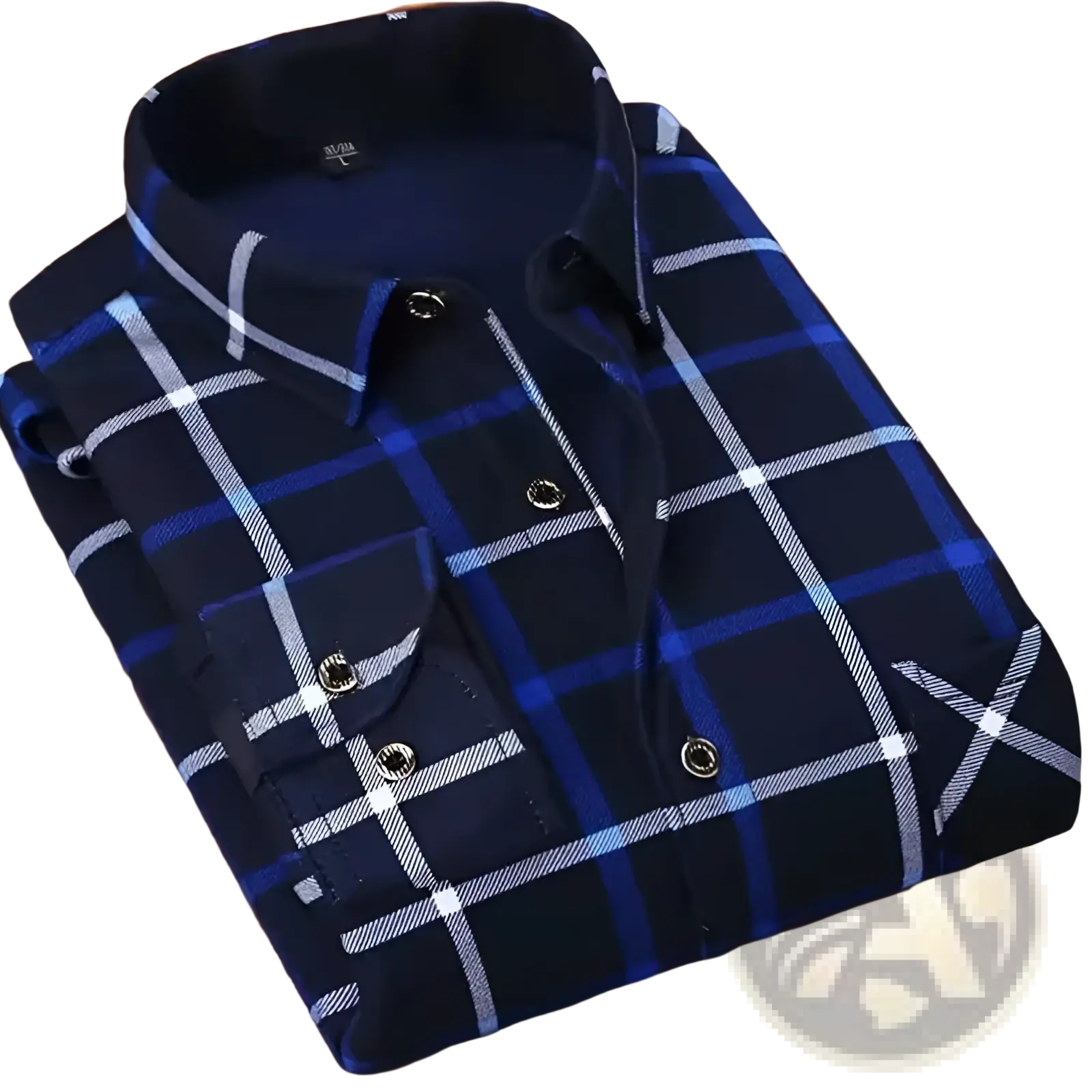 Men slim fit long sleeve casual shirt in navy blue and white plaid with gold toned buttons made from soft fabric