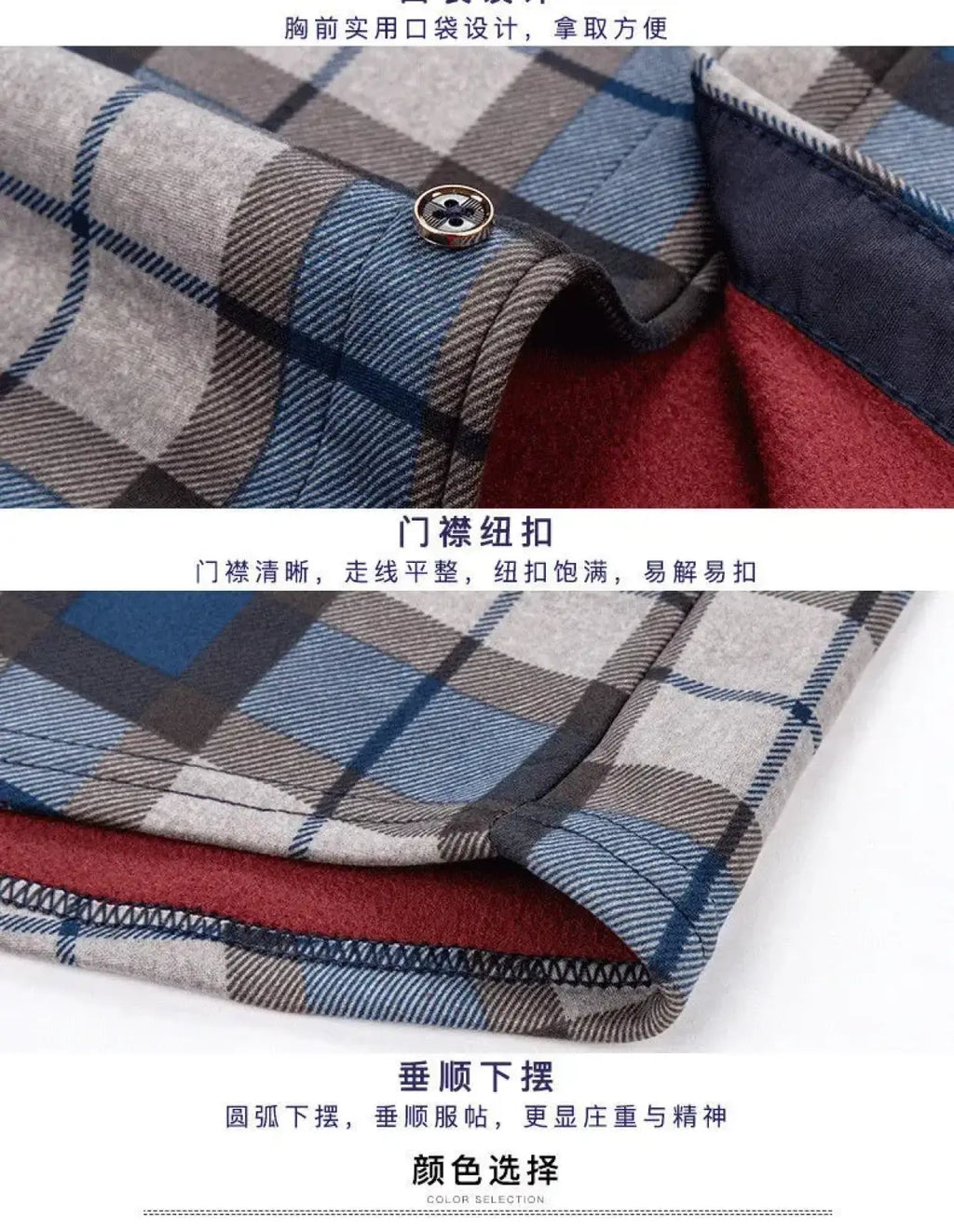 Men slim fit long sleeve casual shirt in gray blue and red plaid flannel with a buttoned collar