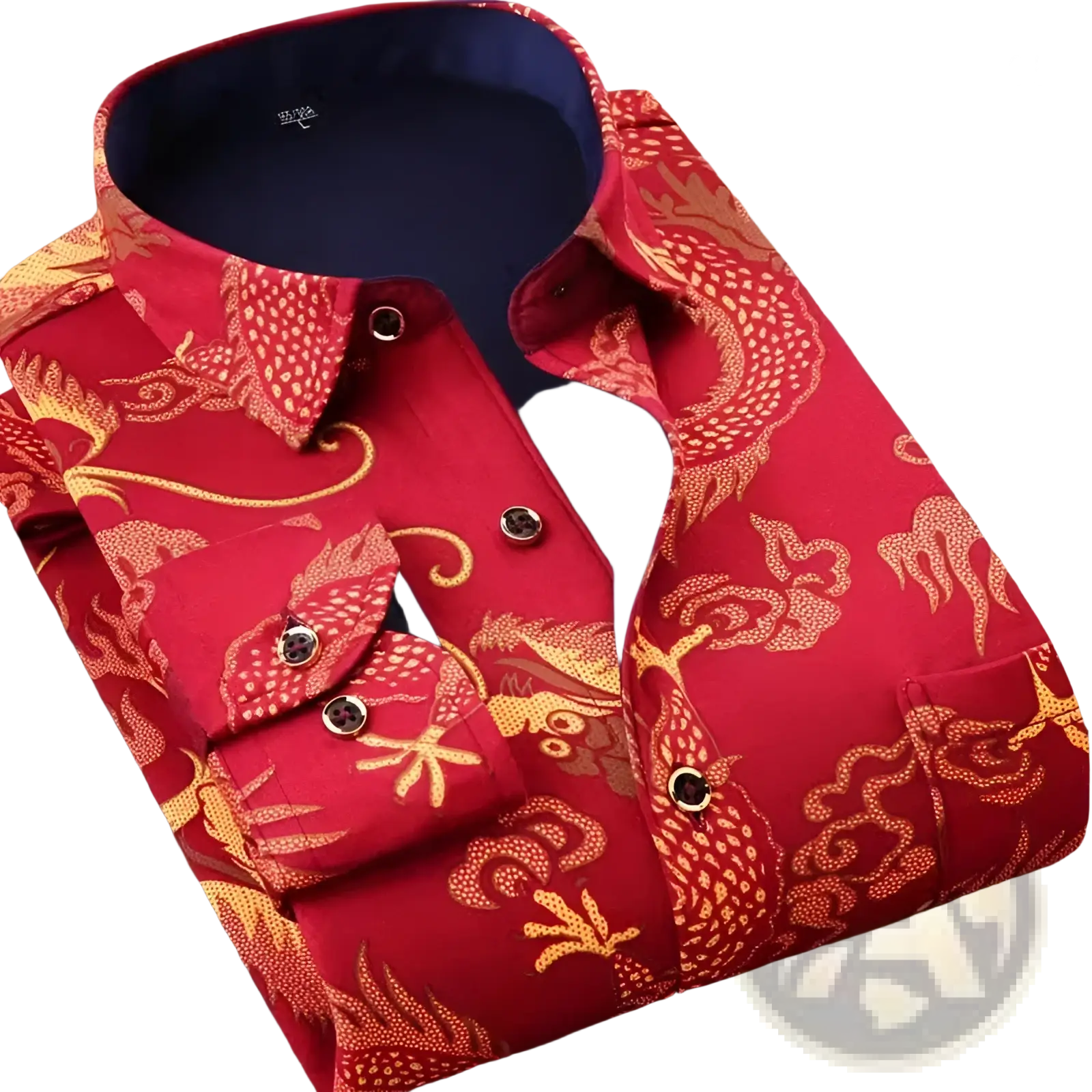 Men slim fit long sleeve casual shirt in red with gold dragon and cloud patterns and navy blue inner lining