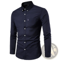 Men slim fit long sleeve dark navy dress shirt with classic collar and subtle chest pocket for formal occasions
