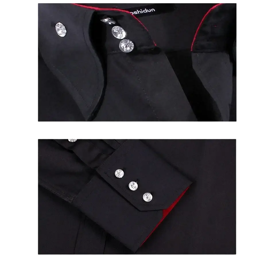 Men slim fit long sleeve dress shirt in black with red trim and silver buttons designed for formal occasions