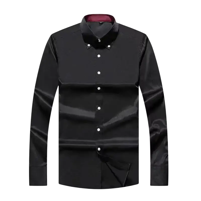 Men slim fit long sleeve dress shirt in black satin with burgundy inner collar and white buttons