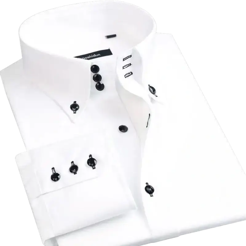 Men slim fit long sleeve white dress shirt with black button accents and a crisp collar for formal wear