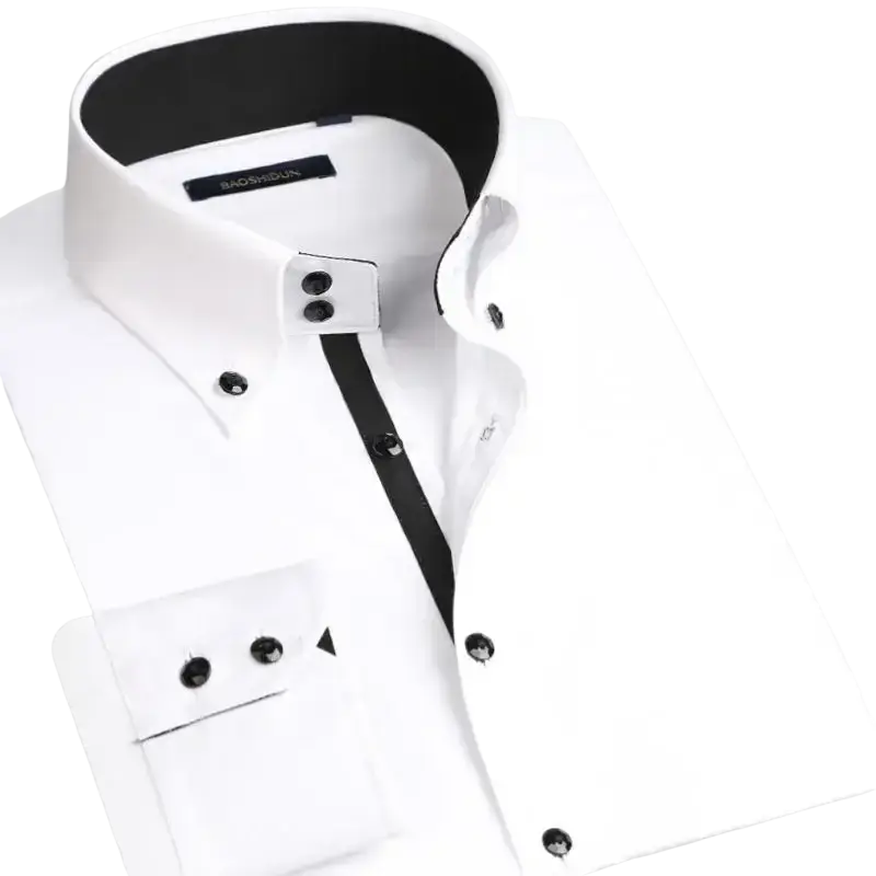Men slim fit long sleeve white dress shirt with black contrast trim and buttons featuring sleek collar and cuffs