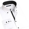 Men slim fit long sleeve white dress shirt with black contrast trim and buttons featuring sleek collar and cuffs