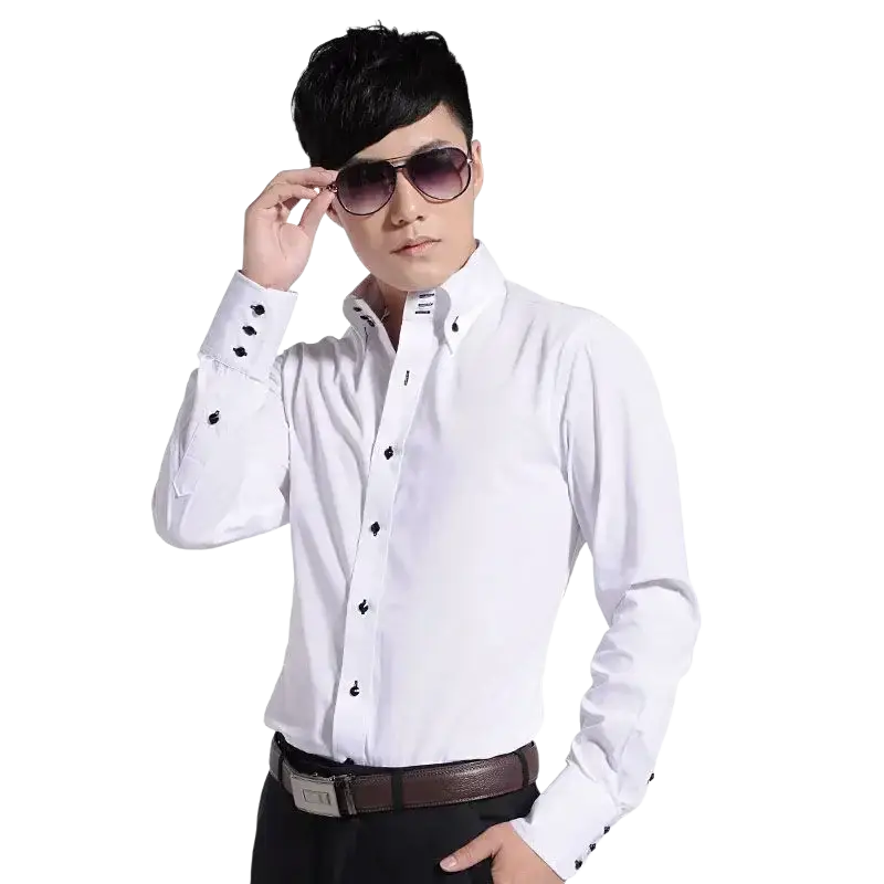 Men slim fit long sleeve white dress shirt with black buttons and subtle cuff detailing for formal wear