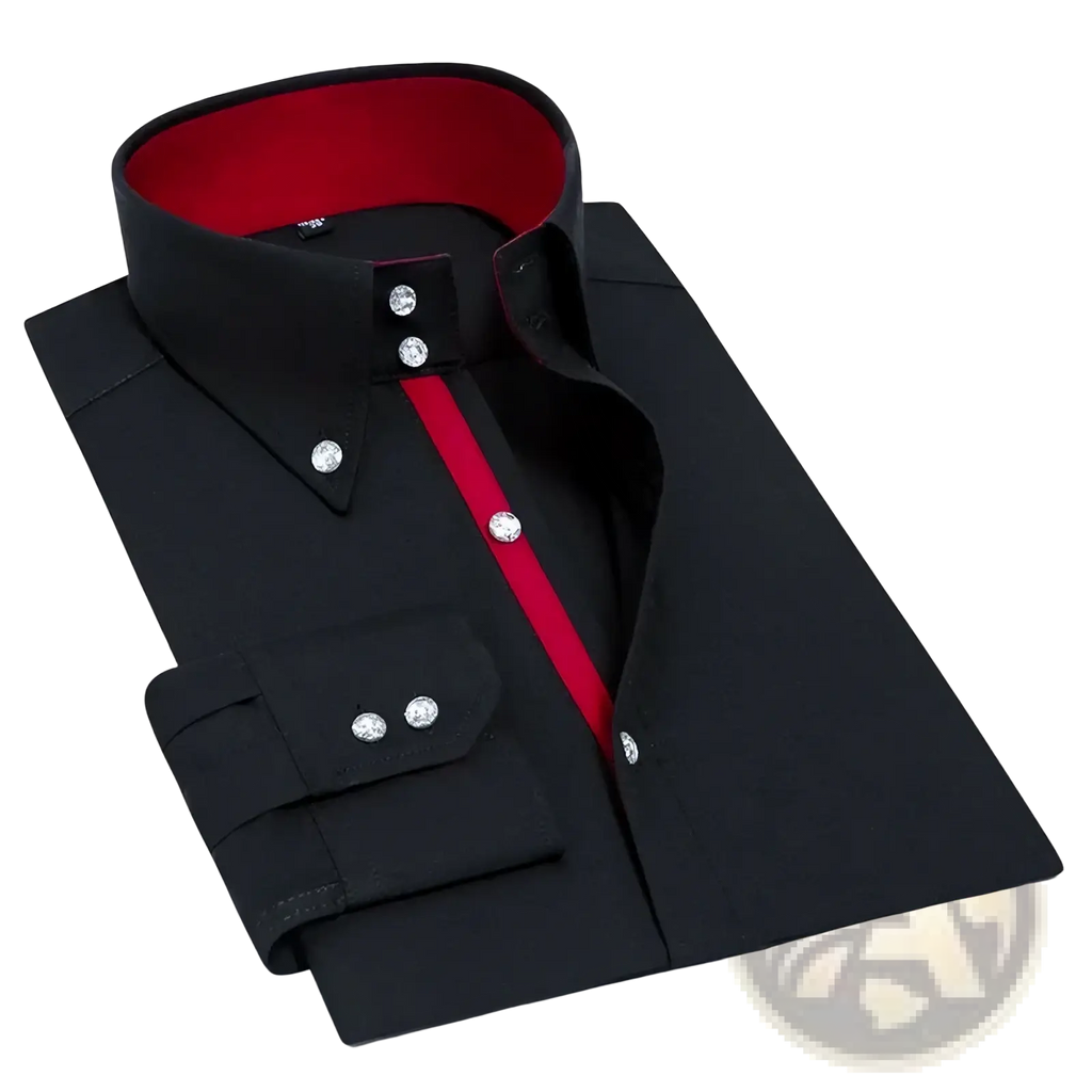 Men slim fit non iron dress shirt in black with bold red inner collar and stripe accented by silver buttons