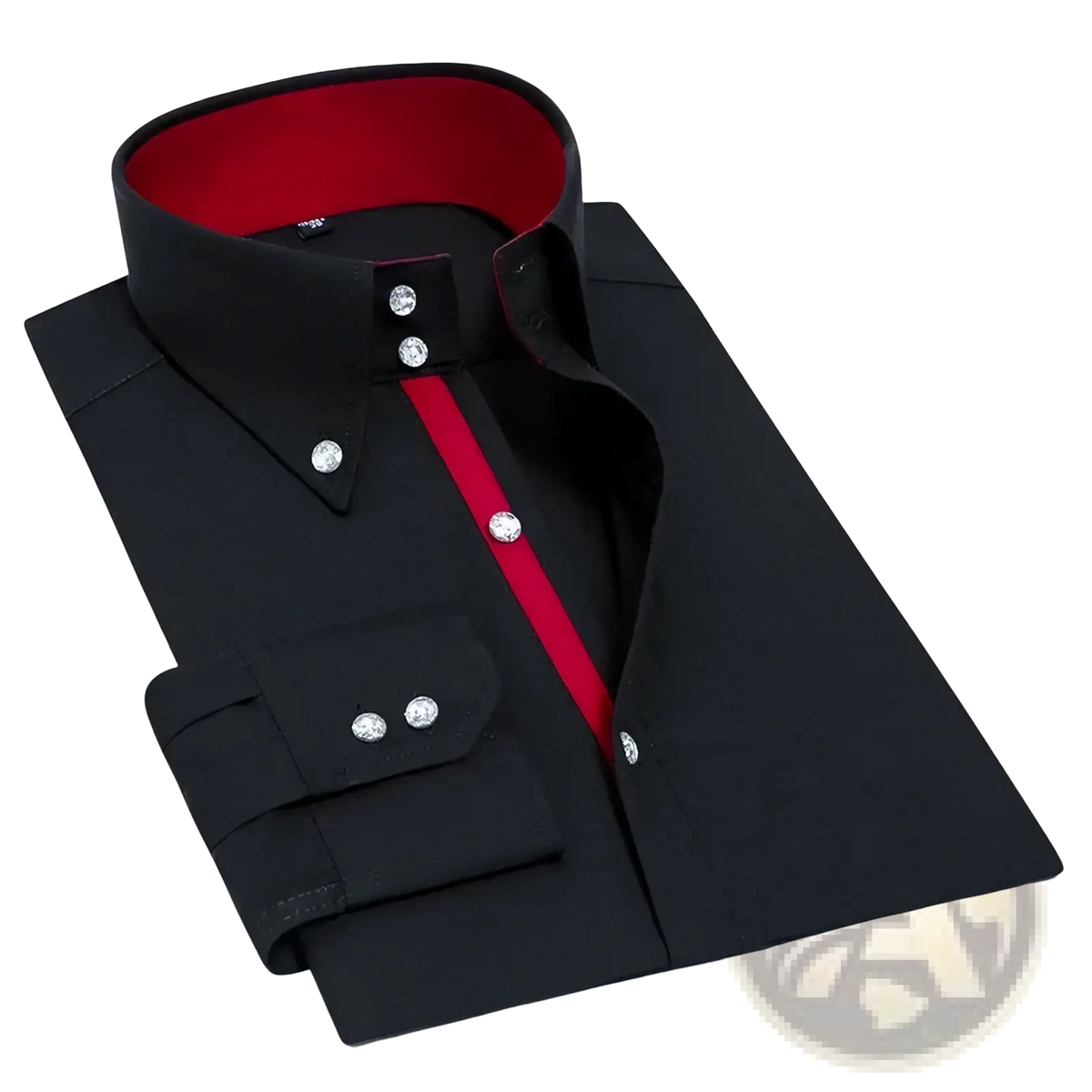Men slim fit non iron dress shirt in black with bold red inner collar and stripe accented by silver buttons