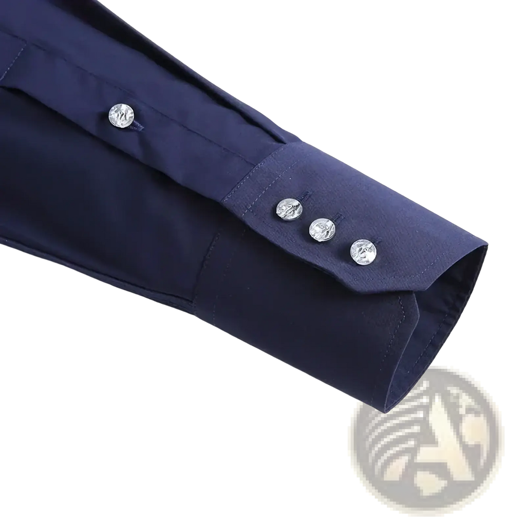 Men slim fit non iron navy blue dress shirt sleeve with three silver toned buttons in formal style
