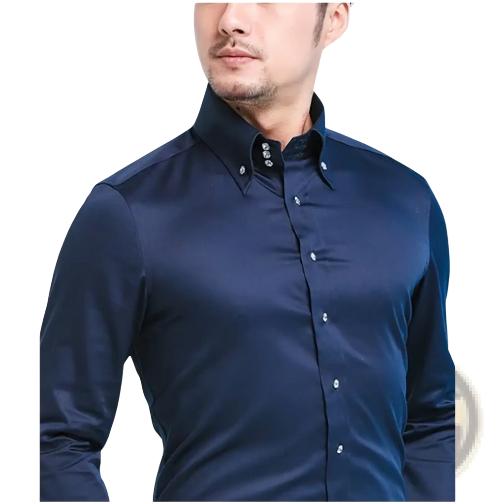 Men slim fit non iron dress shirt in sleek navy blue with subtle sheen button-down collar and matching buttons